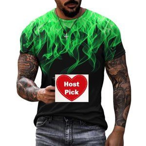 Men's Graphic Print T-Shirt 3D Design Green Flames Crew Neck - Short Sleeve